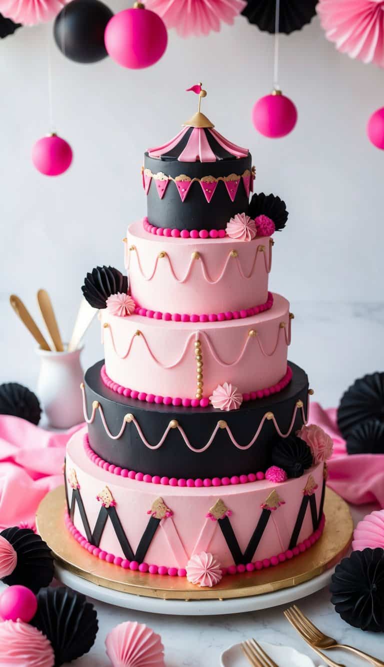A whimsical pink and black circus cake surrounded by vibrant pink and black decorations and embellishments