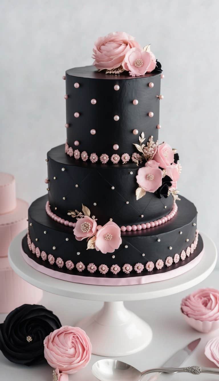 A luxurious black cake adorned with pink pearl studs and intricate pink and black decorations