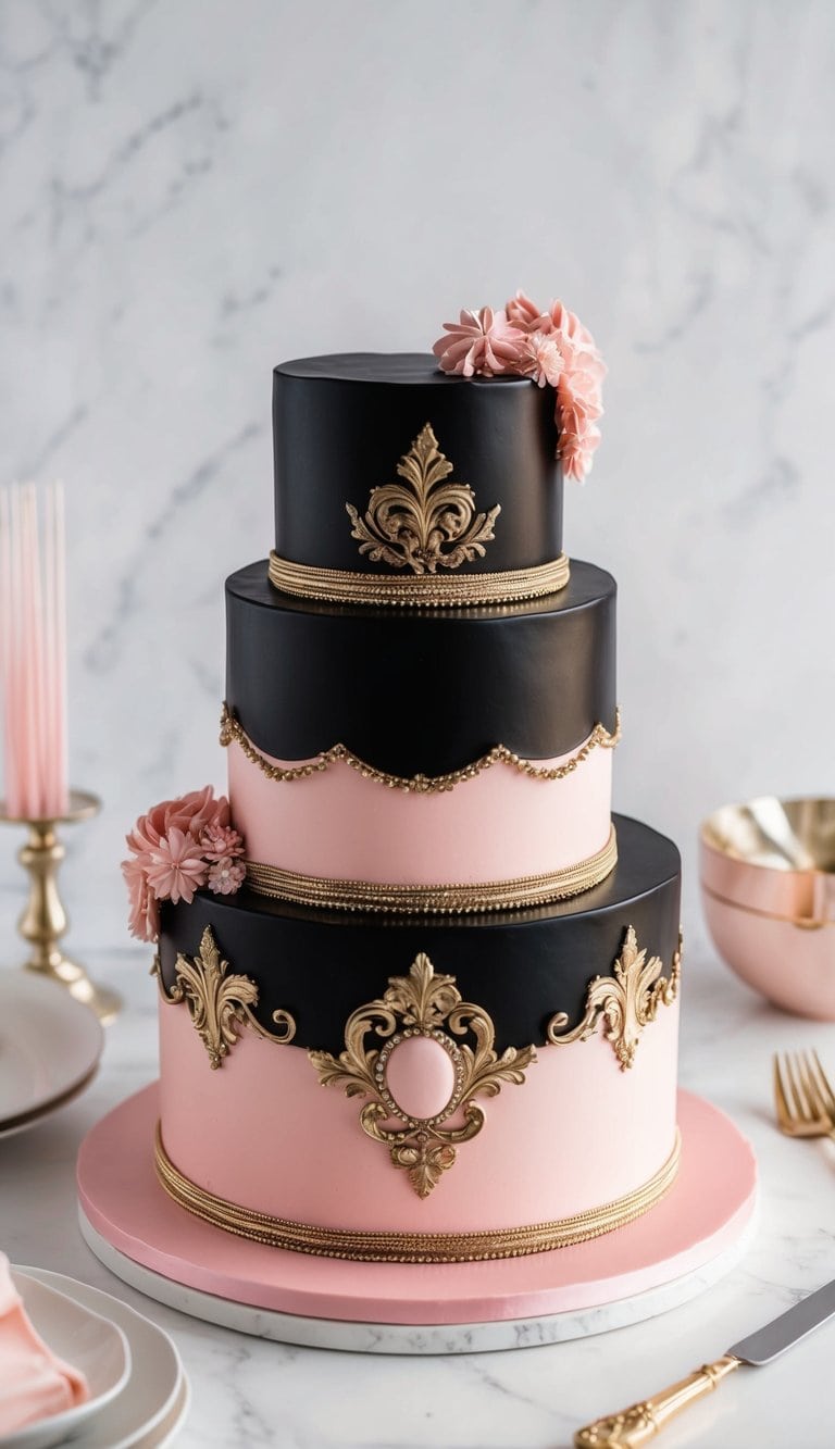 A vintage glam pink and black cake adorned with chic and bold designs
