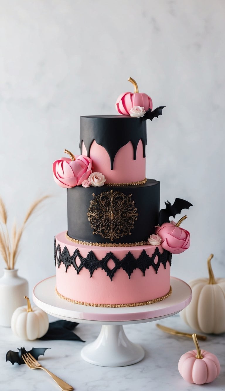 A chic and bold pink-and-black Halloween cake with gothic designs and intricate details