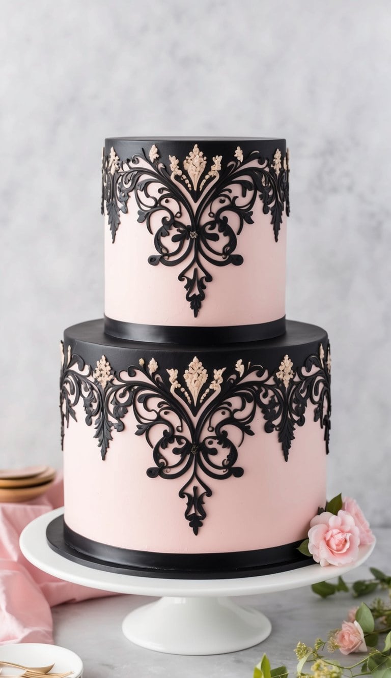 A pink and black cake adorned with intricate filigree designs and chic decorations