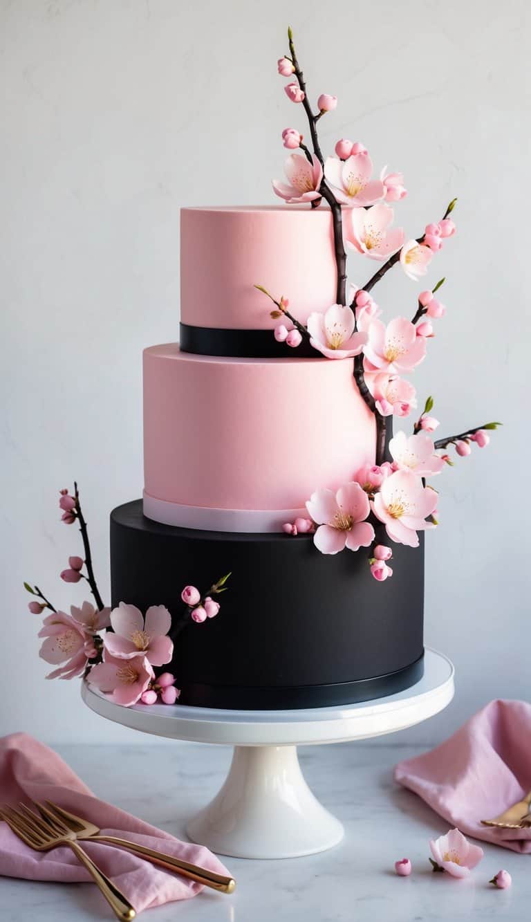 A chic and bold pink-and-black cake with cherry blossom decorations