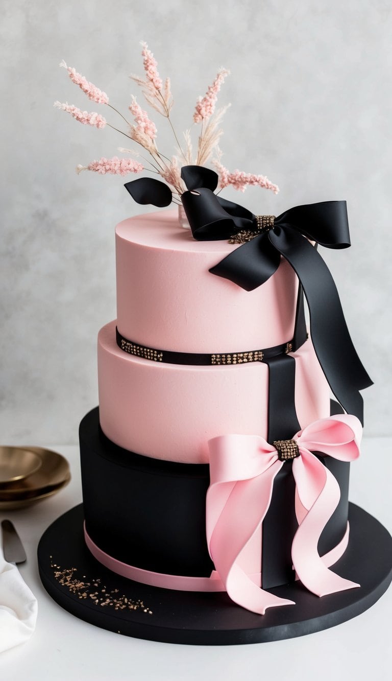 A chic and bold pink-and-black cake adorned with sugar ribbons and elegant decorations