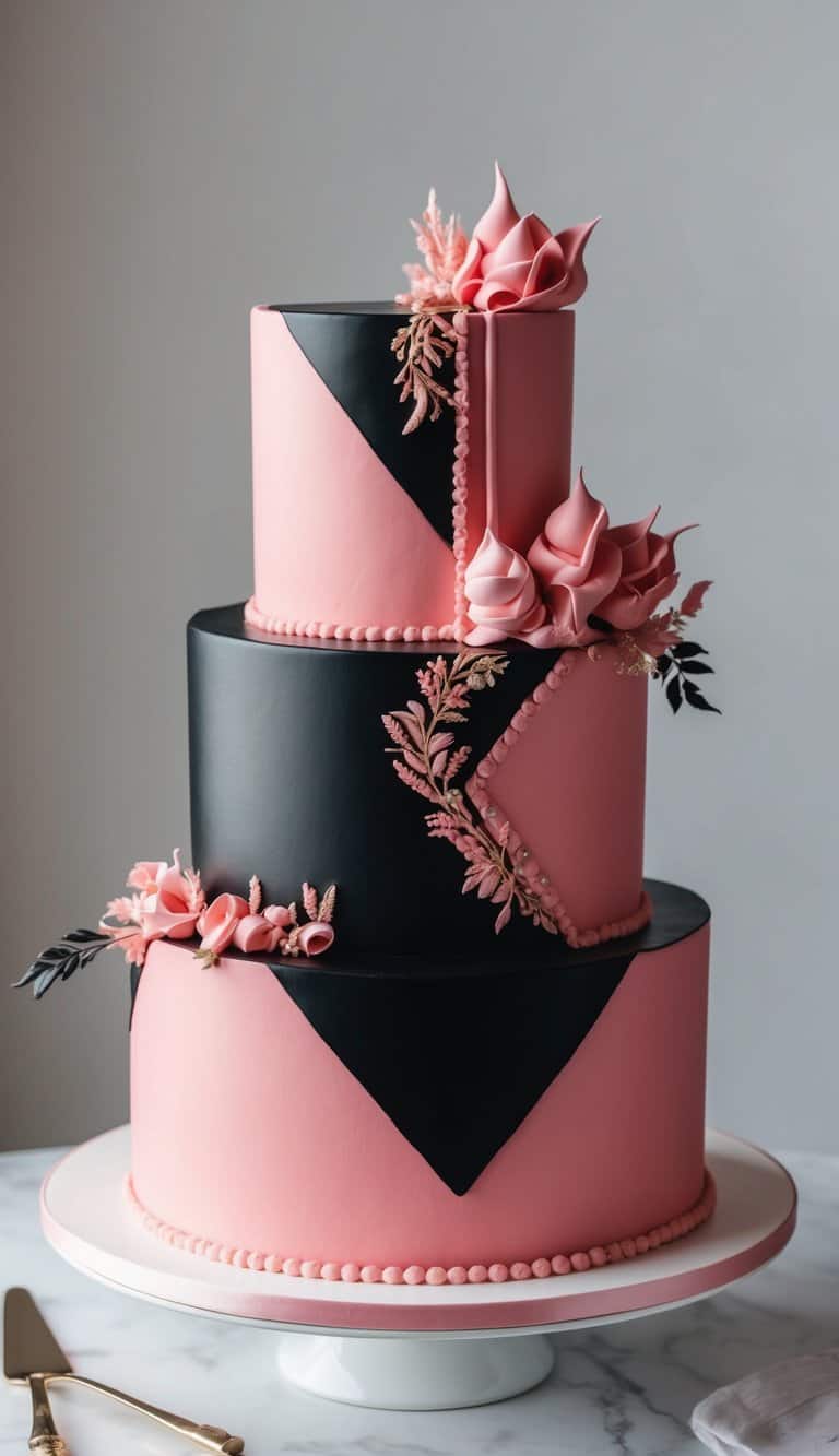 A chic, bold pink-and-black cake with intricate decorations and details