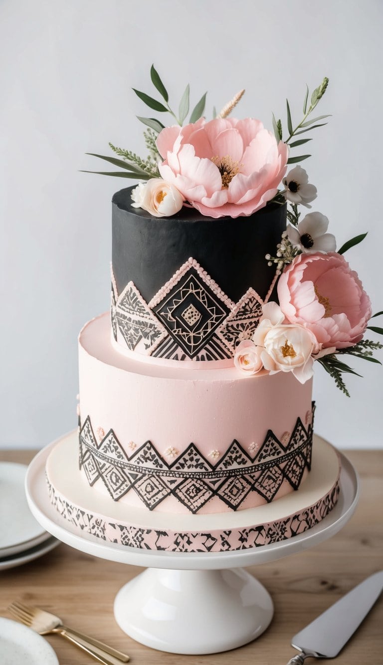 A pink and black boho cake adorned with intricate floral designs and geometric patterns