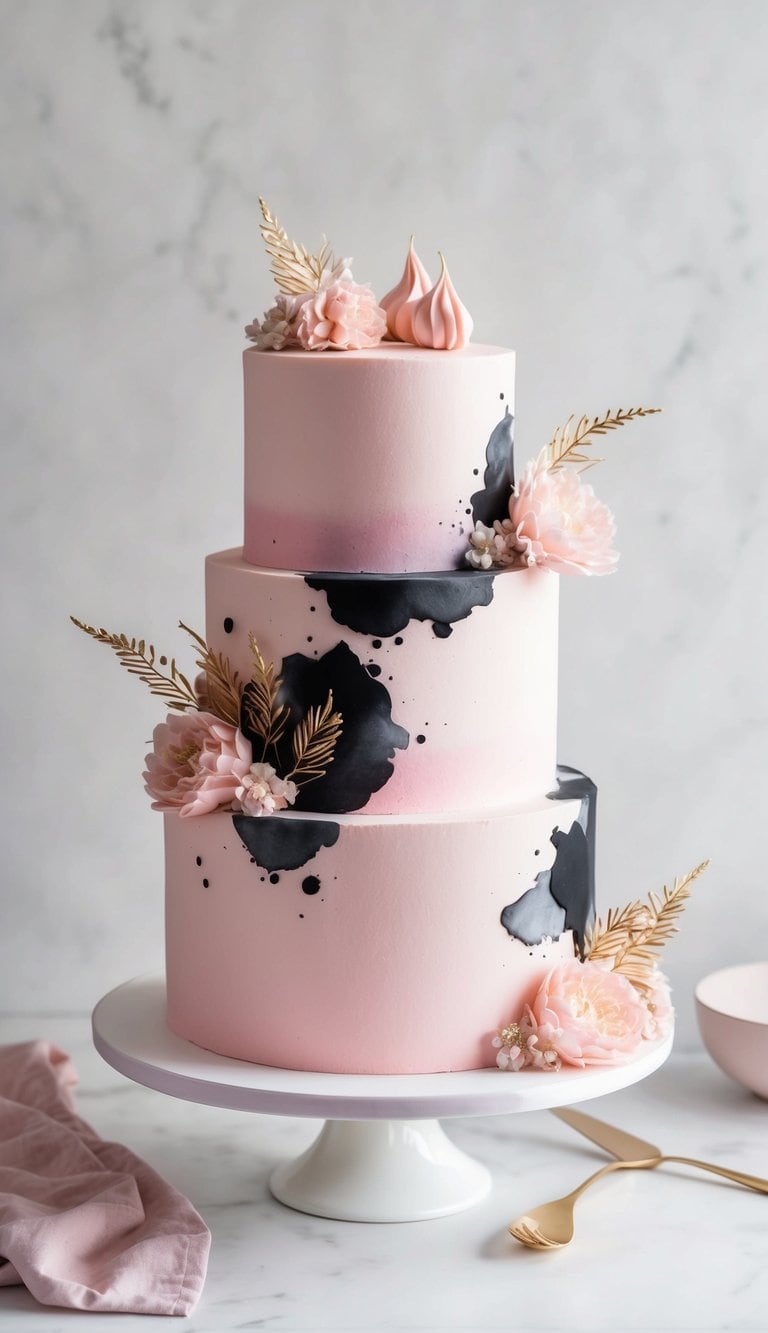A pastel pink and black watercolor cake adorned with chic and bold decorations