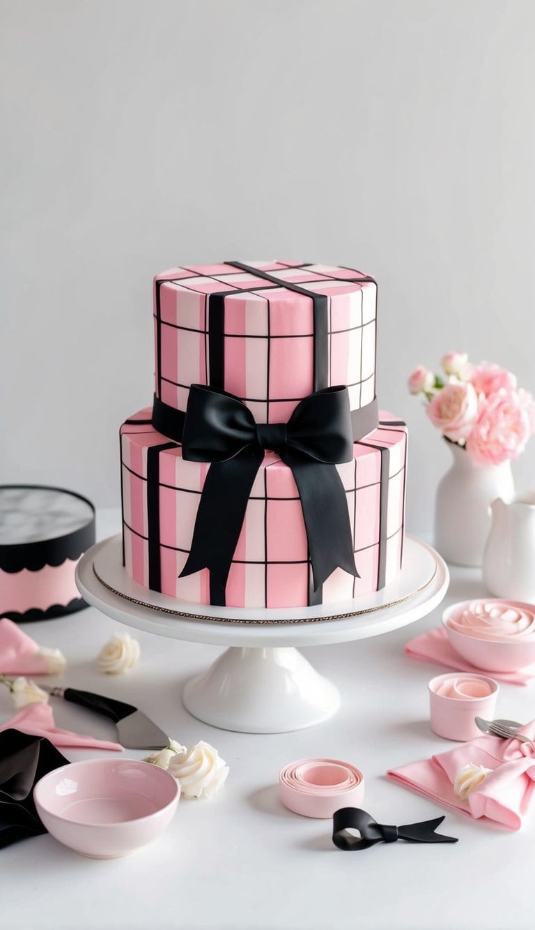 A pink plaid and black bow cake stands on a white table surrounded by pink and black cake decorating supplies