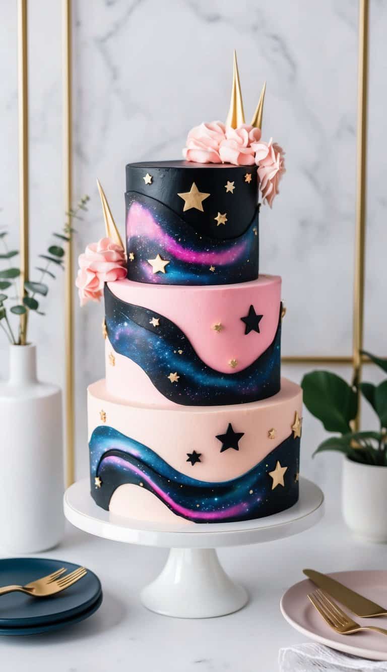 A pink and black galaxy cake with swirling colors and shimmering stars, set against a chic and modern backdrop