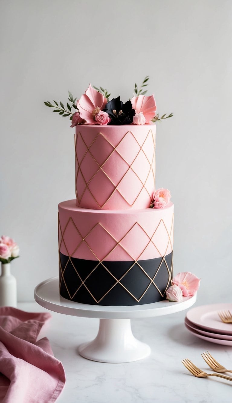 A chic and bold pink-and-black cake with crisscross patterns and elegant decorations