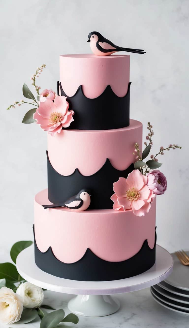 A chic and bold pink-and-black cake with lovebirds and floral decorations