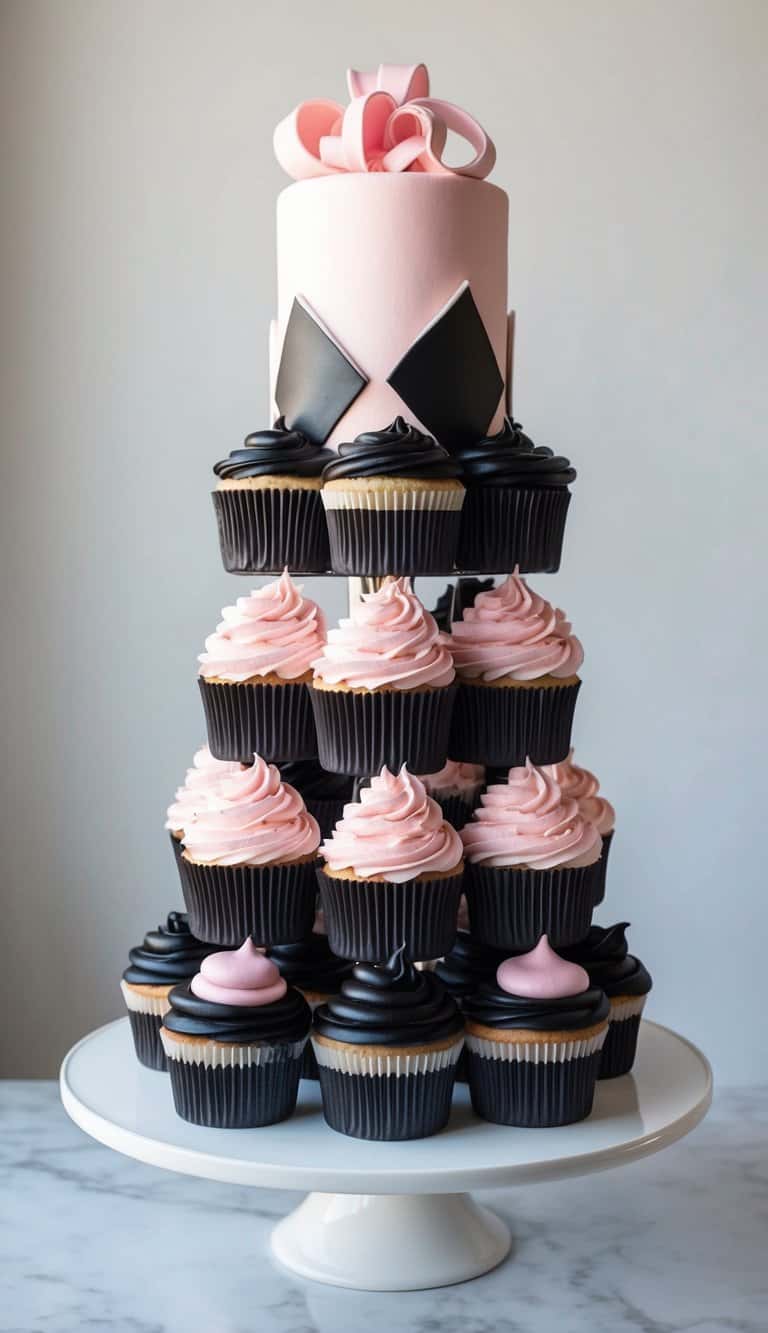 A towering cake adorned with chic pink and black cupcakes, showcasing bold and stylish cake designs