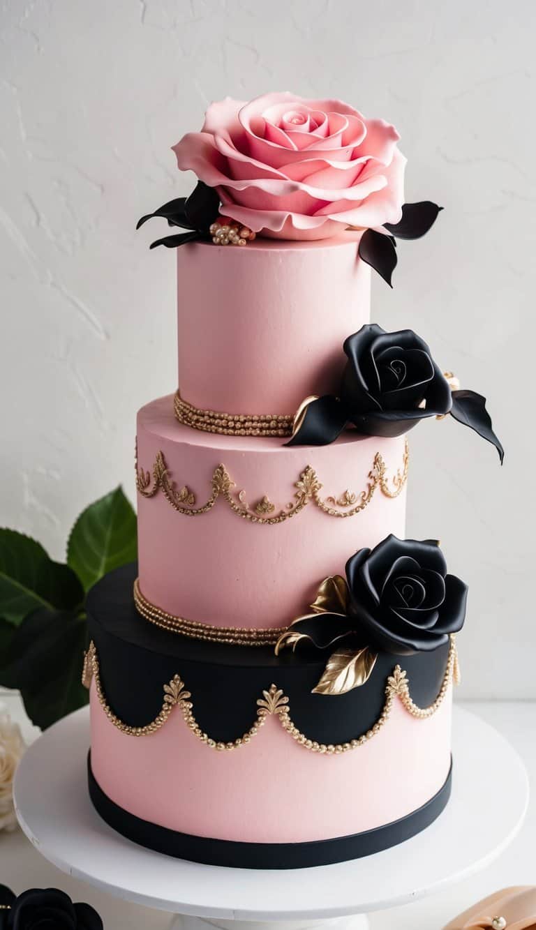 A lavish pink and black rose cake adorned with chic and bold decorations