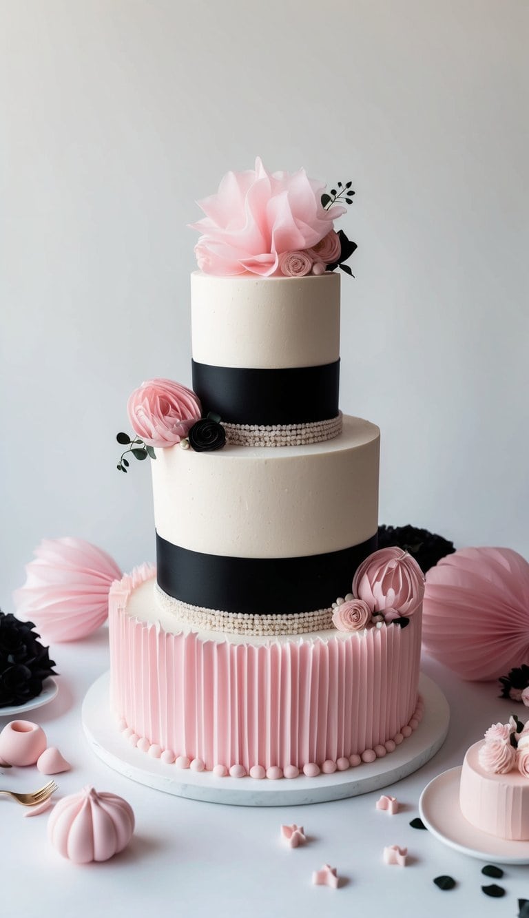 A three-tiered cake adorned with pink tulle and black ribbon, surrounded by various pink and black cake decorations