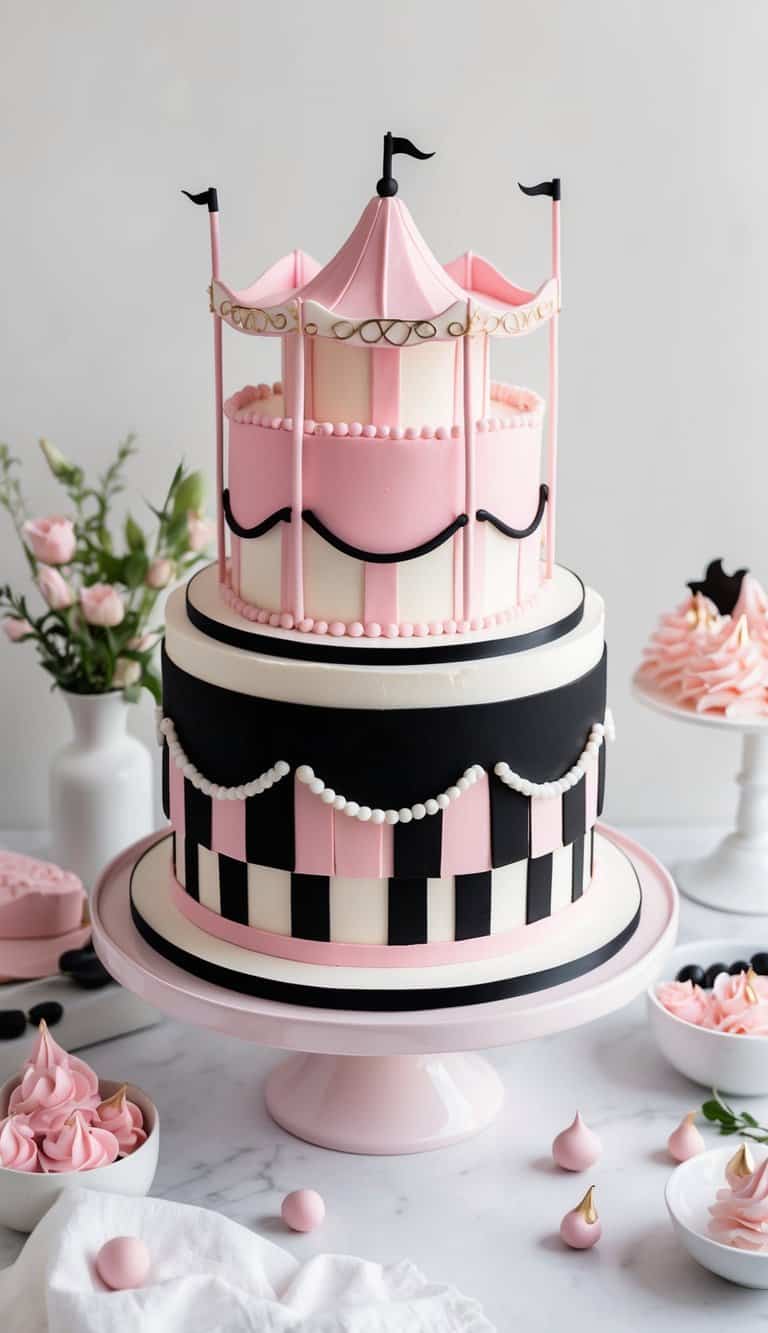 A pink and black carousel cake surrounded by chic and bold cake decorating elements