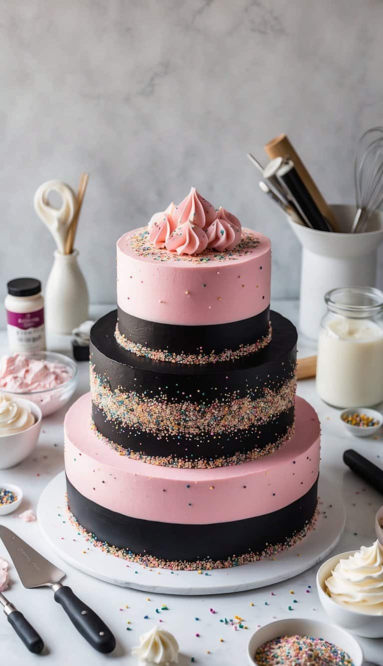 A chic and bold pink-and-black cake adorned with sprinkles and sparkles, surrounded by various cake decorating tools and ingredients