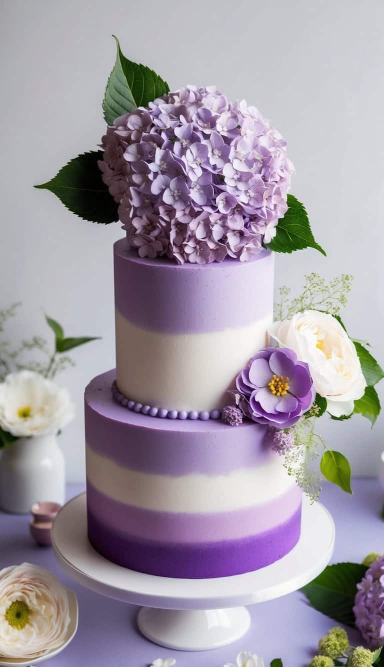 A vibrant lilac hydrangea cake topper sits on a gradient purple cake, surrounded by elegant floral decorations