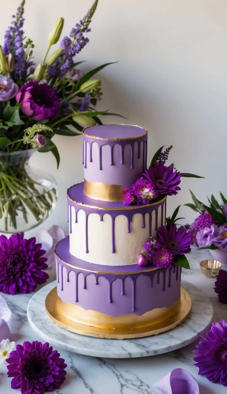 A purple drip cake with gold edges sits on a marble table, surrounded by vibrant flowers and elegant purple-themed decor