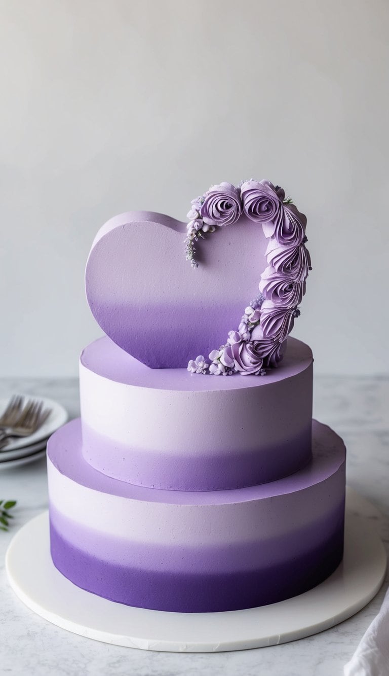 A lavender love heart cake with elegant purple gradients