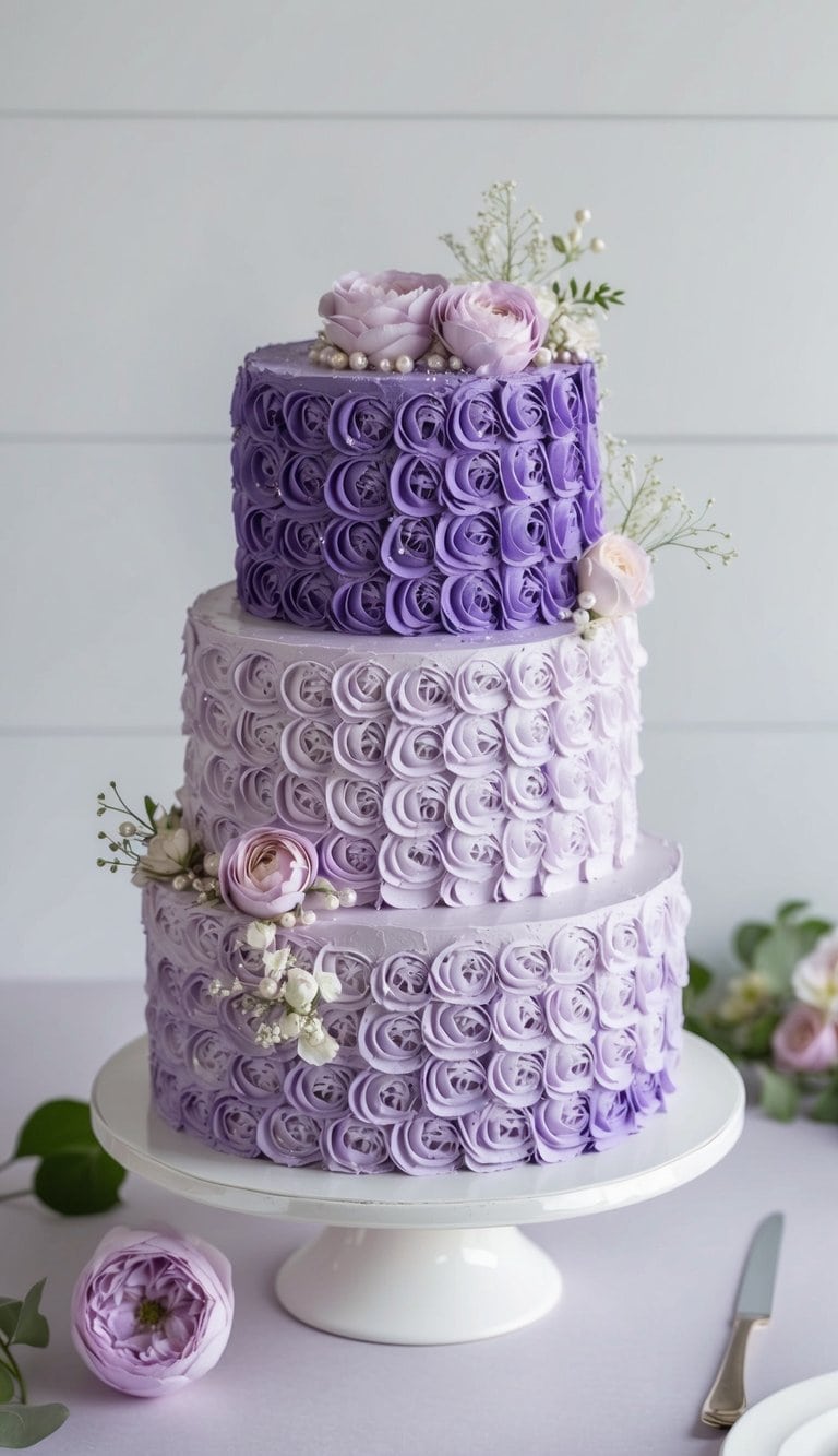 A three-tiered ombré rosette cake in shades of purple, adorned with delicate floral decorations and shimmering edible pearls