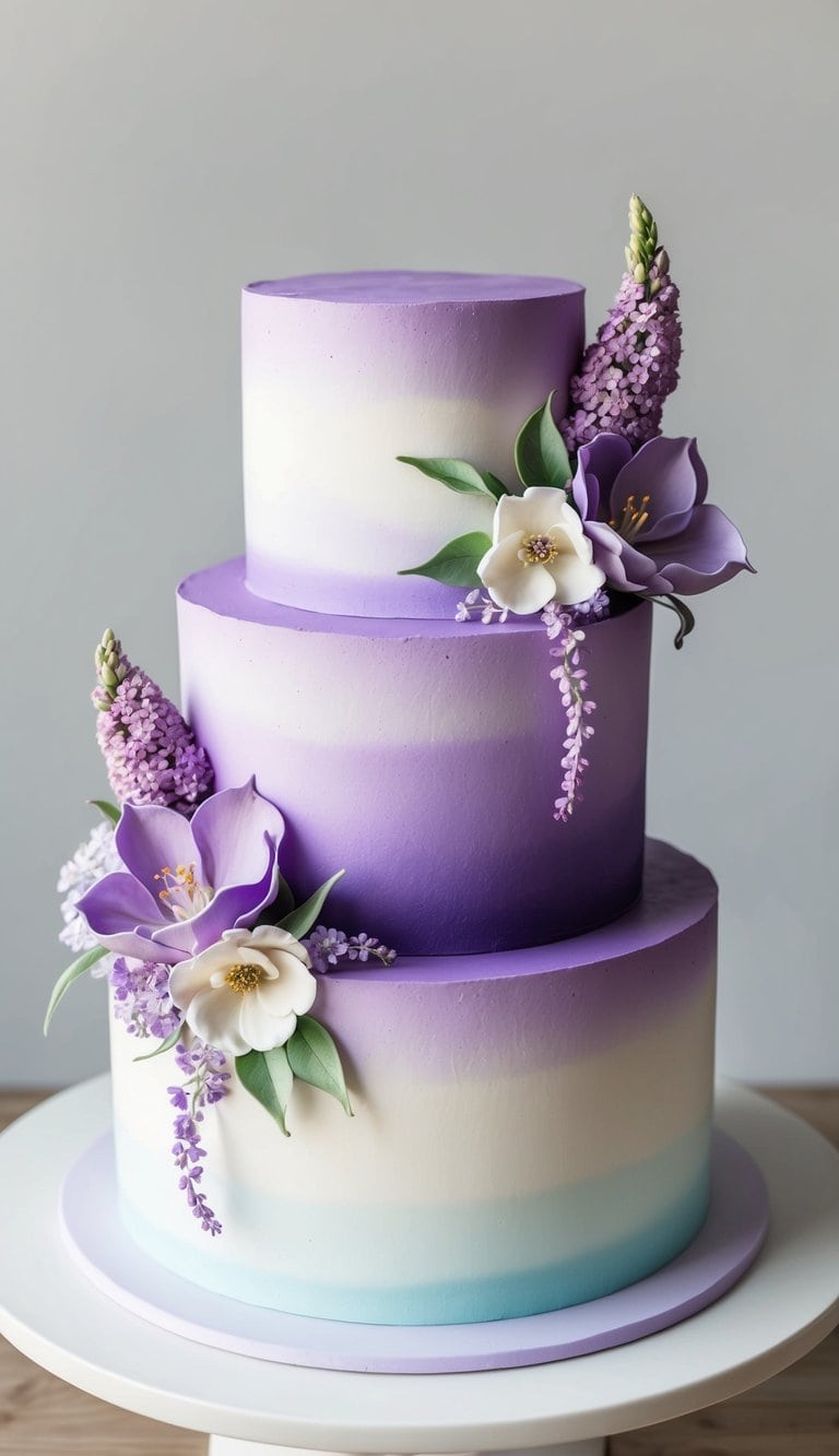 A stunning lilac fields cake with elegant purple gradients and floral decorations