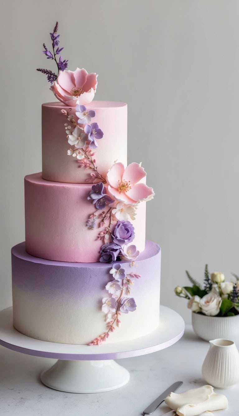 A pink and purple floral fondant cake adorned with delicate accents