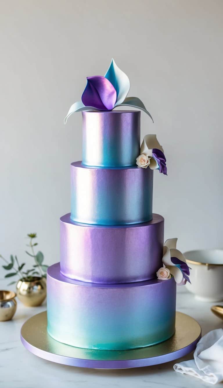 A three-tiered cake with iridescent purple shimmer, adorned with elegant gradient decorations
