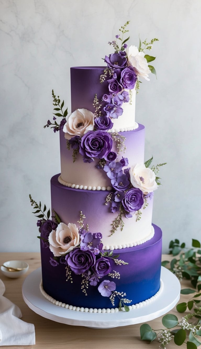 A tiered purple floral cascade cake with elegant gradients