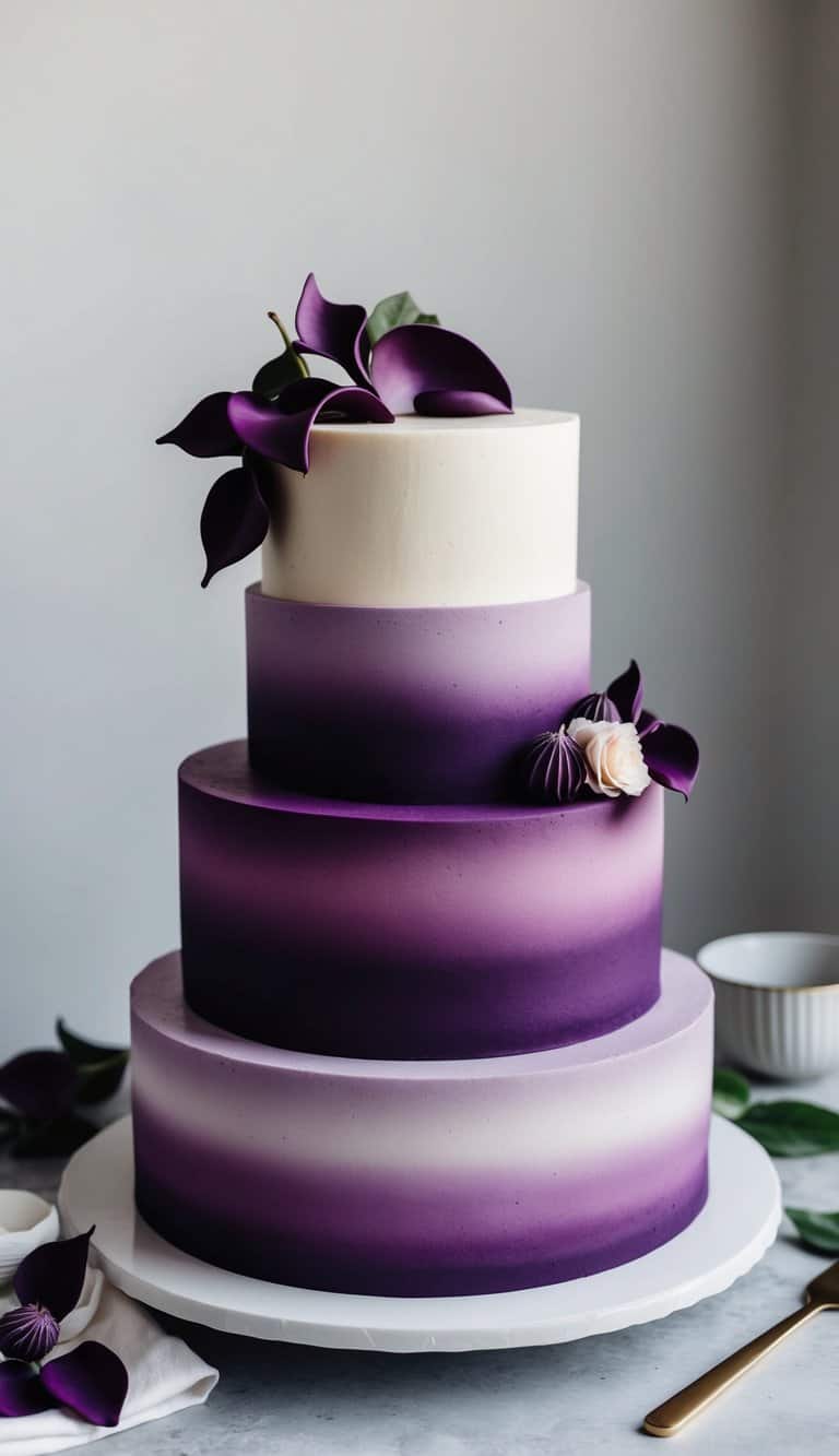 A rich plum overlay cake adorned with elegant gradients of purple, creating a stunning and visually appealing dessert centerpiece