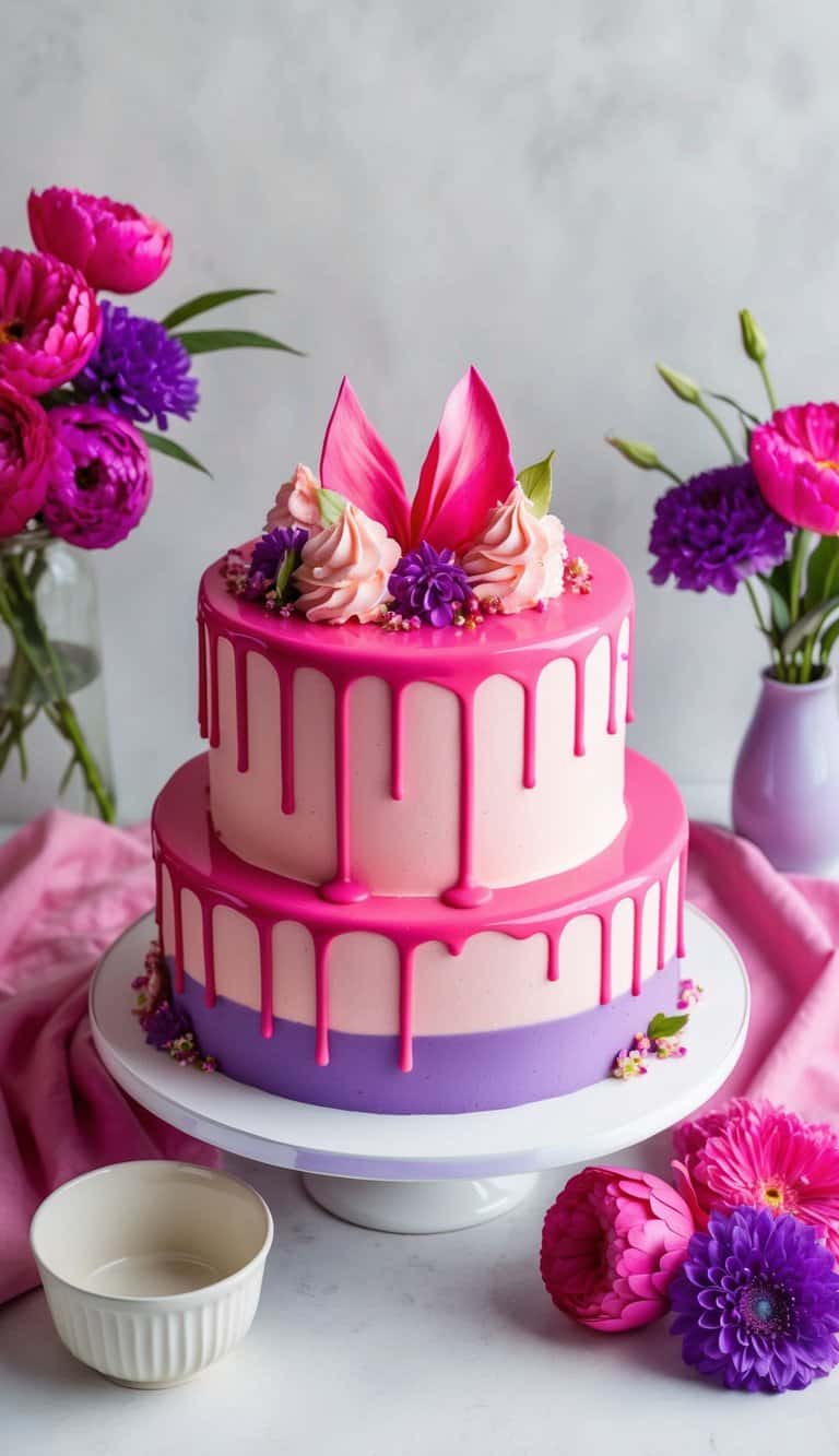 A pink drip cake surrounded by vibrant pink and purple decorations