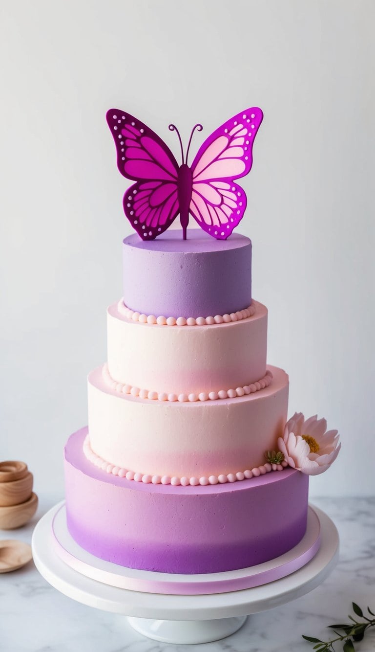 A pink and purple butterfly cake topper sits atop a vibrant, feminine cake