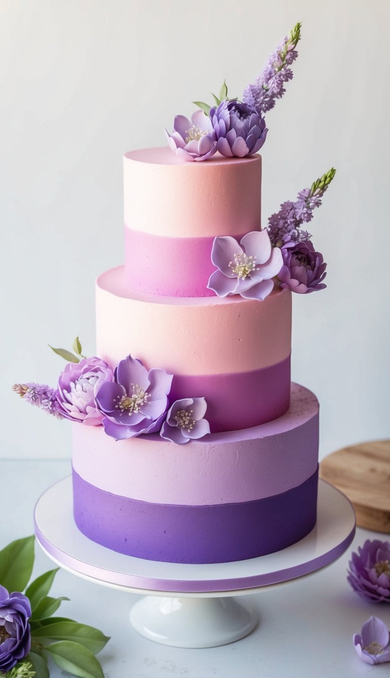 A vibrant pink-and-purple cake adorned with delicate lilac sugar flowers