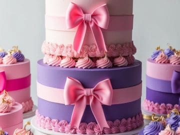 A three-tier cake with pink, purple, and lilac layers adorned with large pink bows and piped roses, displayed on a white stand. Surrounding the main cake are smaller cakes with similar decorations.