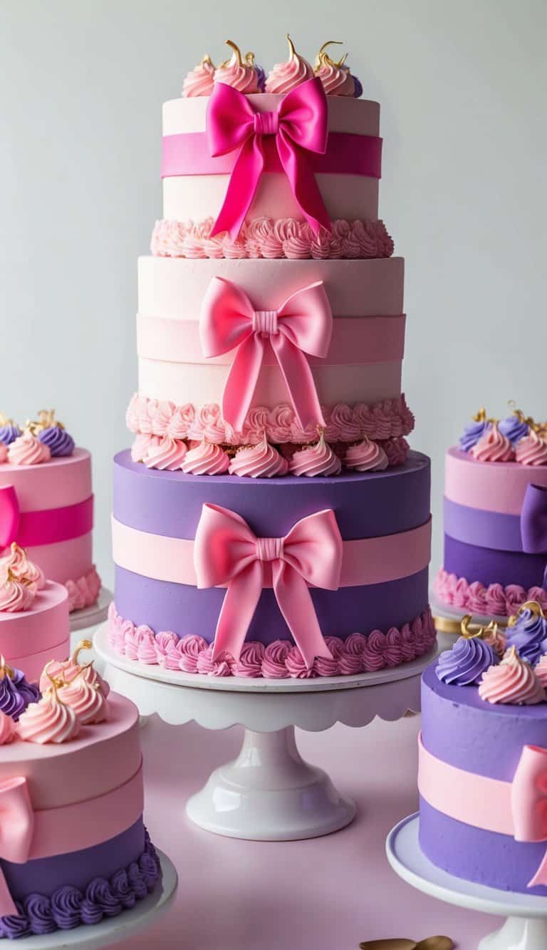 A table adorned with 60 pink and purple cakes, each intricately decorated with feminine and vibrant pink ribbon details