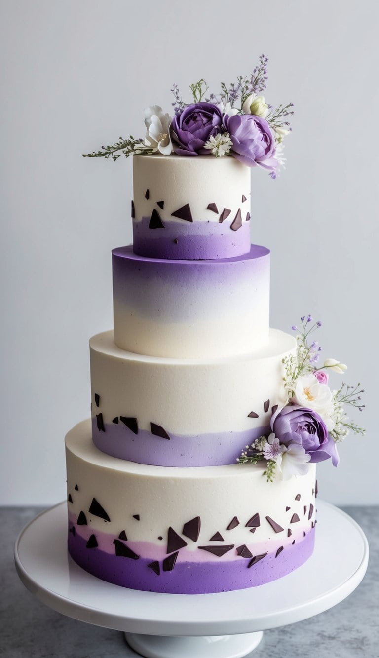 A three-tiered cake with purple chocolate shards, ombre frosting, and delicate floral decorations