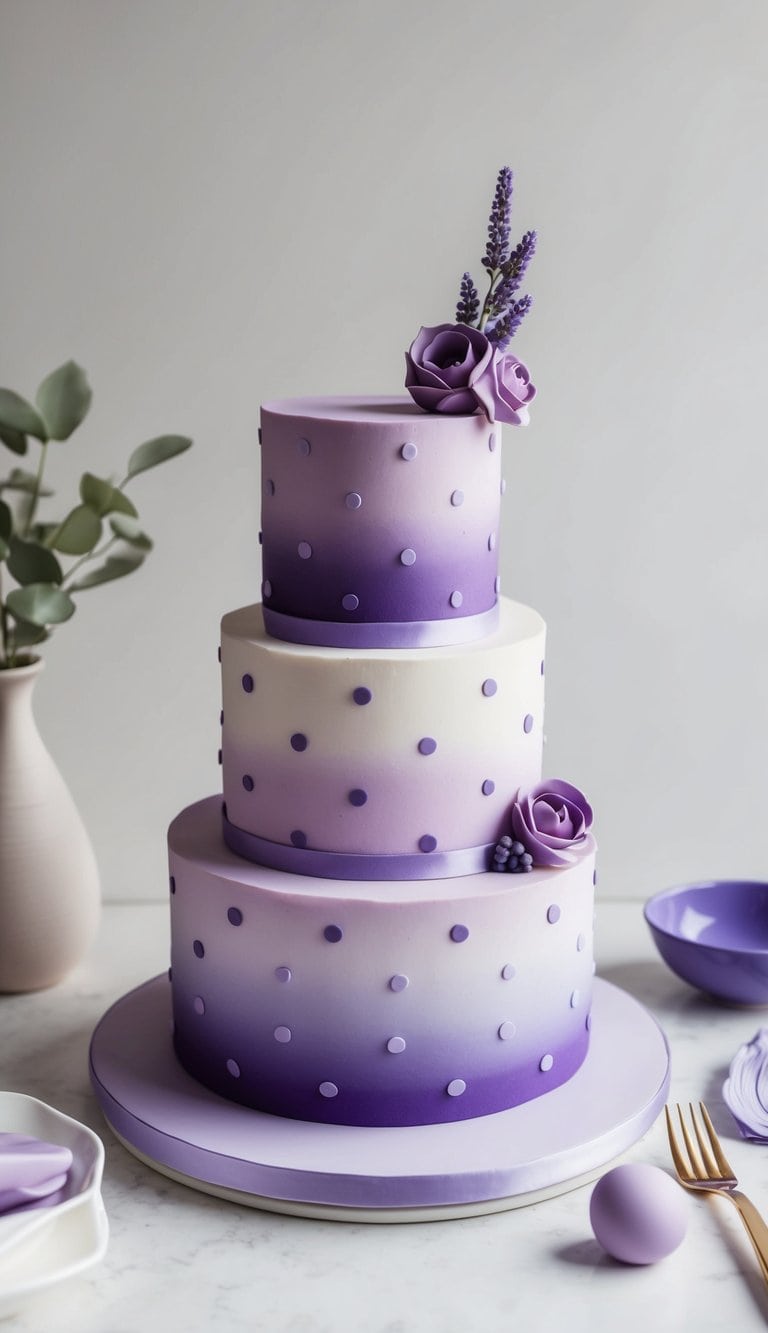 A lavender polka dot cake with elegant gradients and purple-themed decor