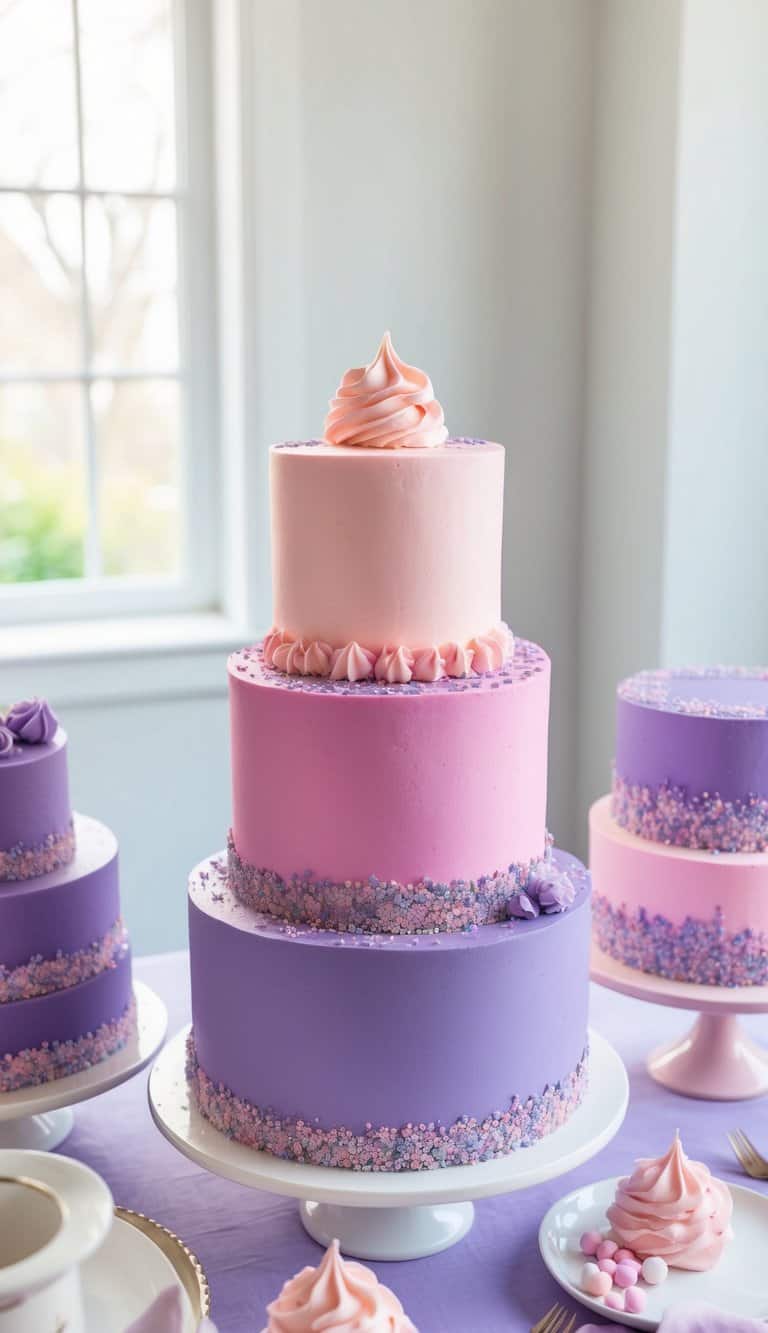 A table adorned with vibrant pink and purple cakes, decorated with candy lavender sprinkles, creating a feminine and lively display