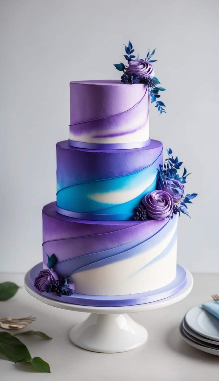 A swirling gradient of purple and blue adorns a stunning cake, exuding elegance and beauty