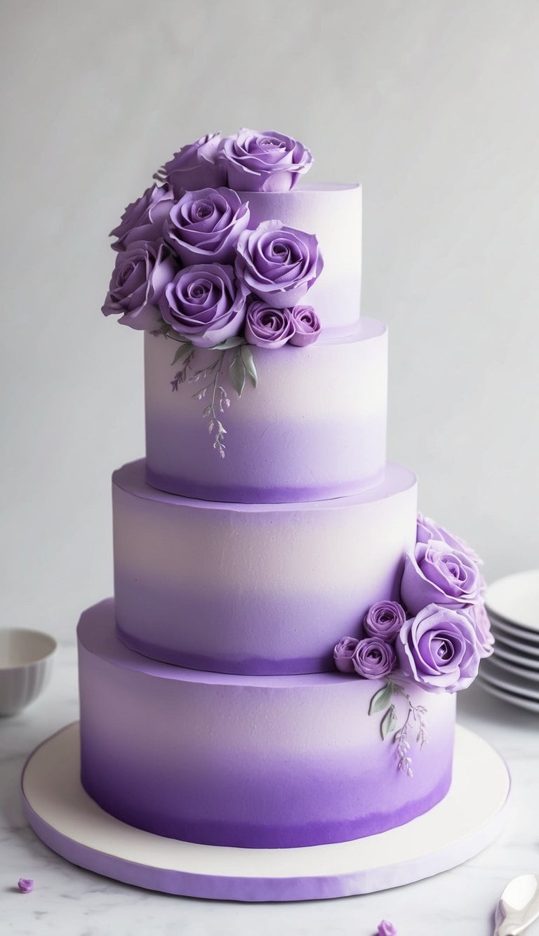 A tiered cake adorned with lilac ombre buttercream roses, showcasing elegant purple gradients