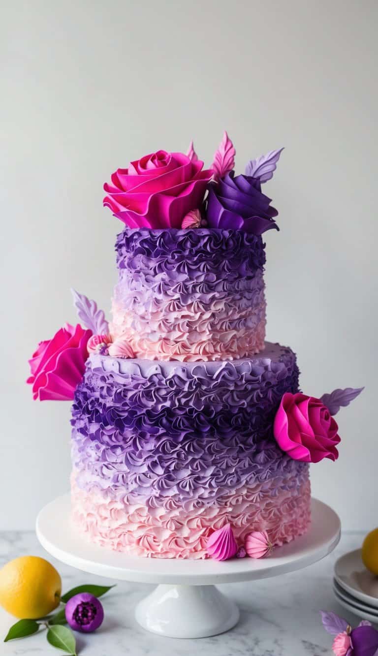 A tiered cake with ruffled purple ombre frosting, adorned with vibrant pink and purple decorations