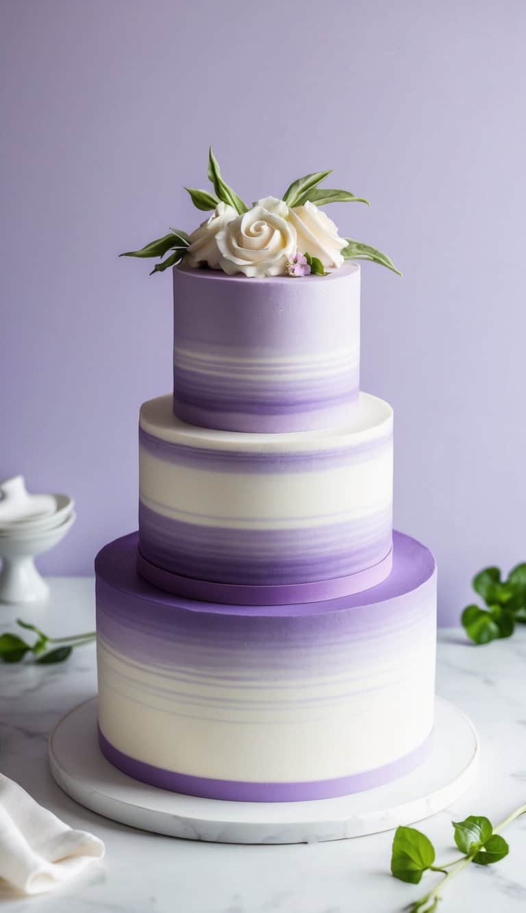 A lavender and white striped cake with elegant purple gradients