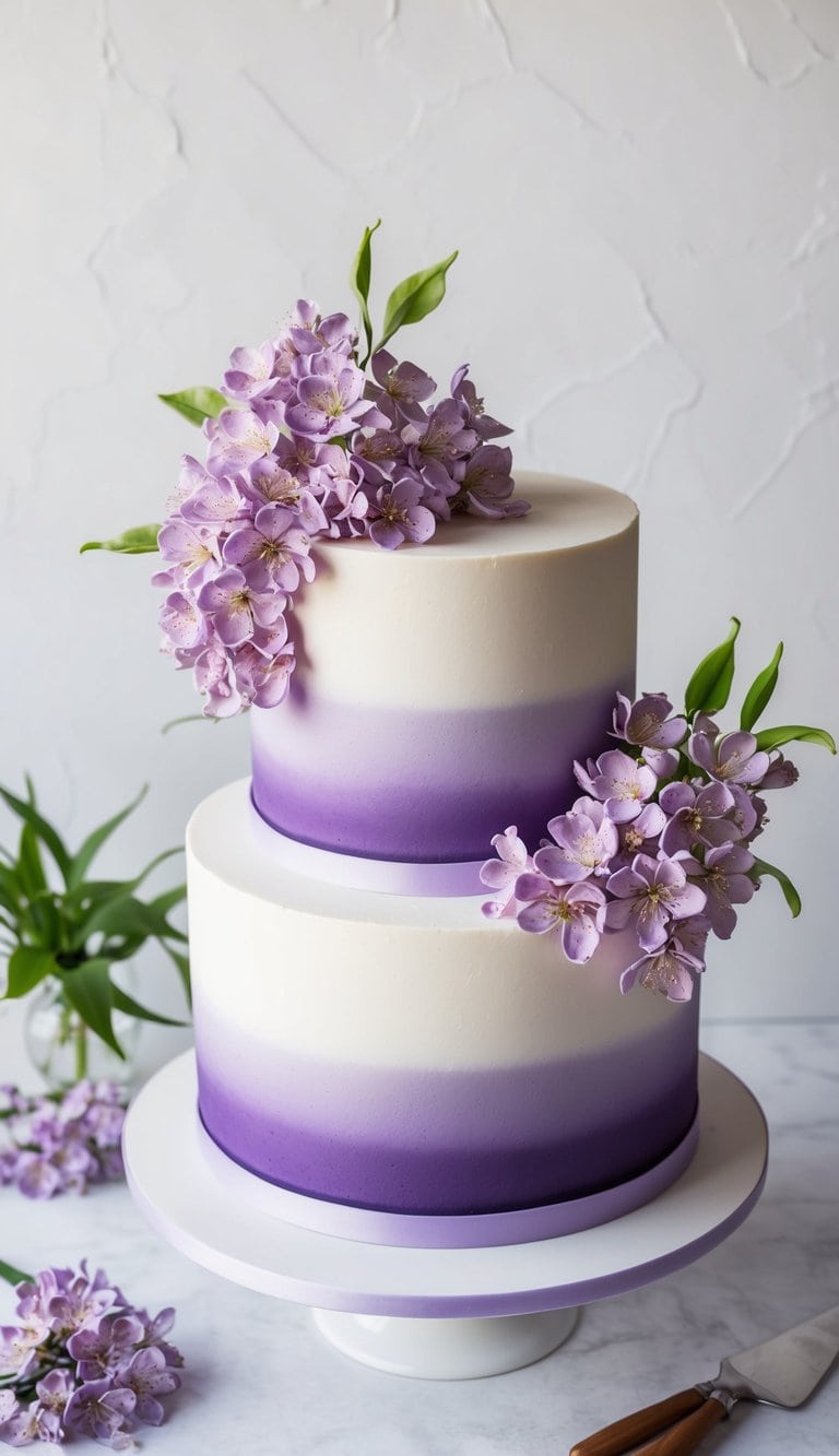 A stunning lilac spring blossoms cake with elegant purple gradients