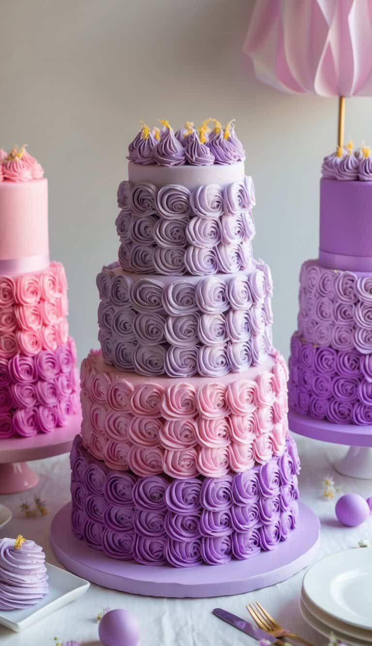 A display of lavender frosted rosette cakes in shades of pink and purple, arranged in a feminine and vibrant setting
