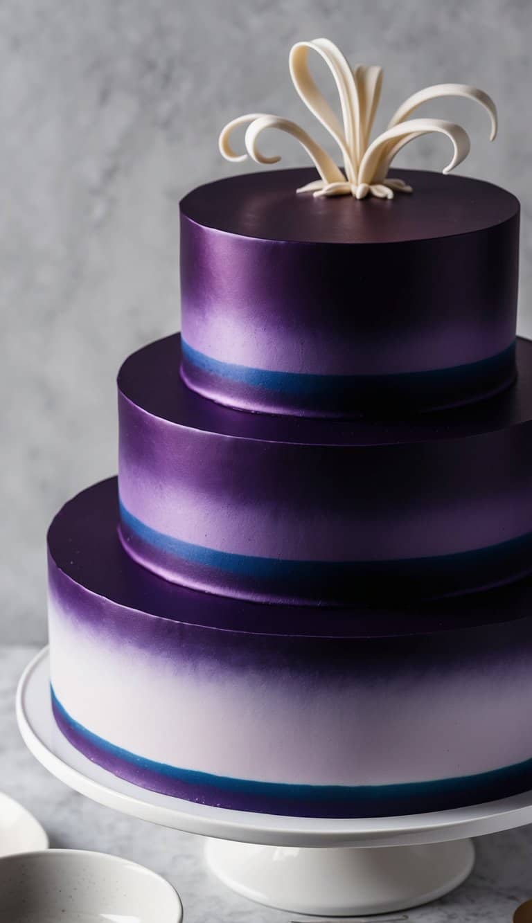 A dark purple satin-finished cake with elegant gradients