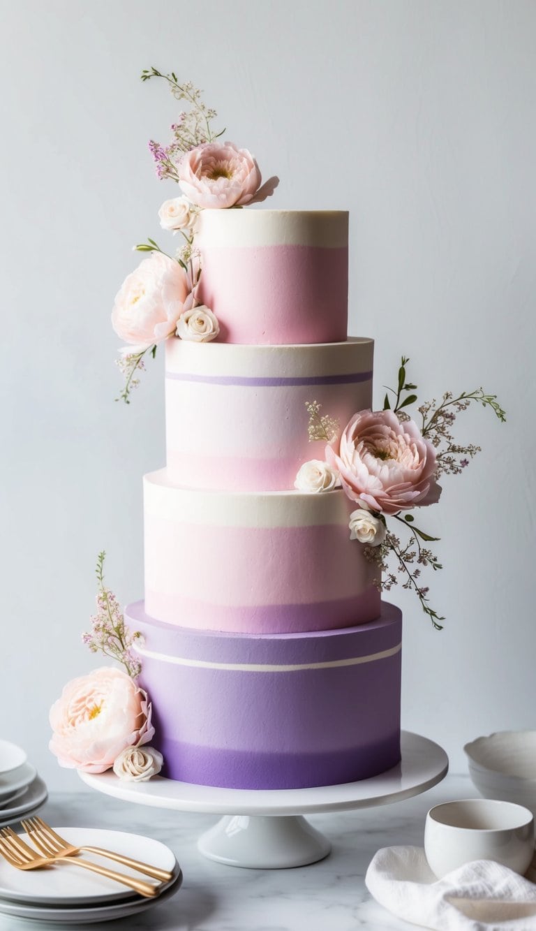 A tall, multi-layered cake with soft pink and purple stripes, adorned with delicate floral decorations