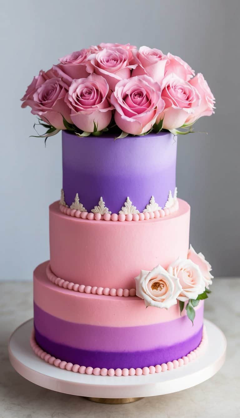 A display of blushing pink roses atop a vibrant pink-and-purple cake