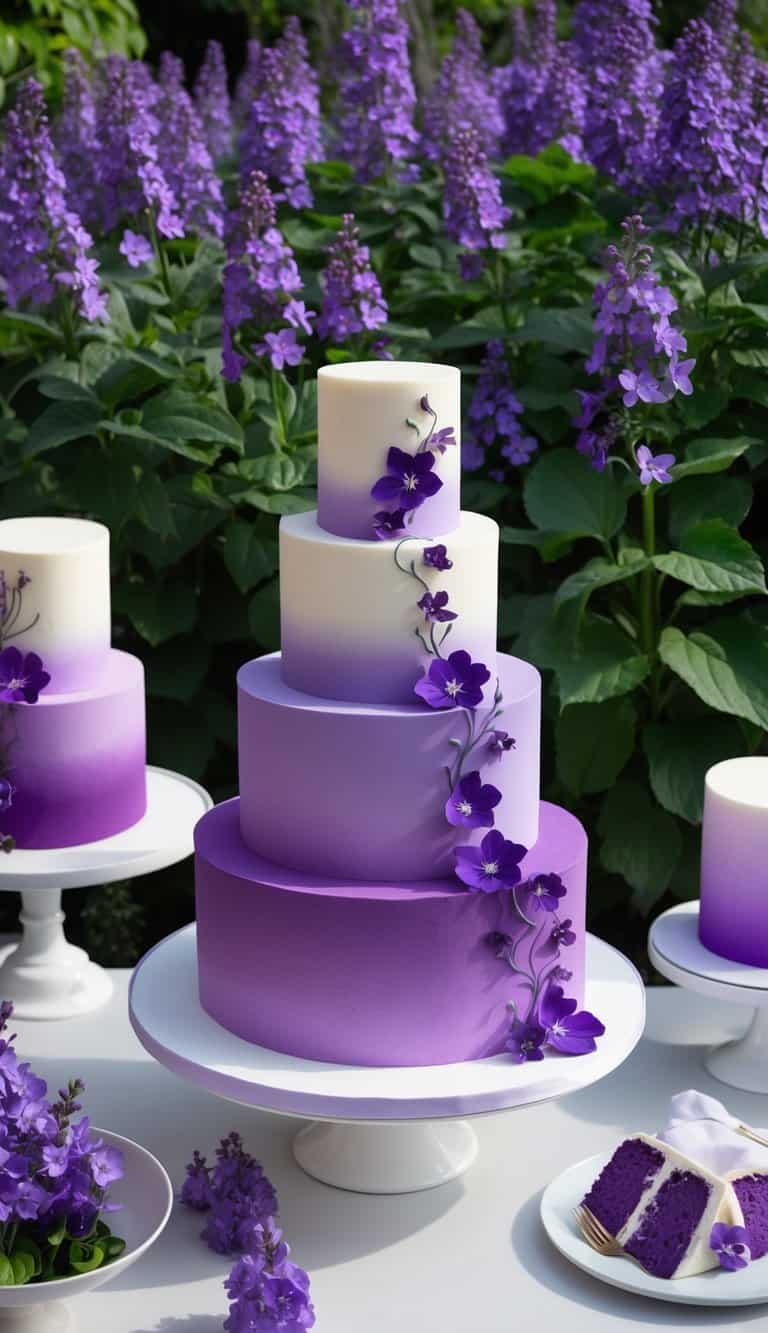 A garden filled with vibrant violet flowers, surrounded by elegant gradient-themed cakes in shades of purple