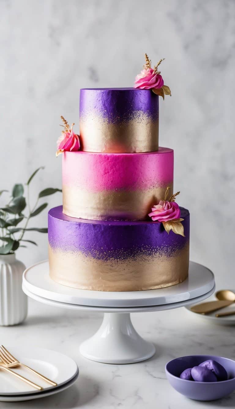 Vibrant pink and purple cakes adorned with metallic dust highlights, displayed on a clean, white cake stand