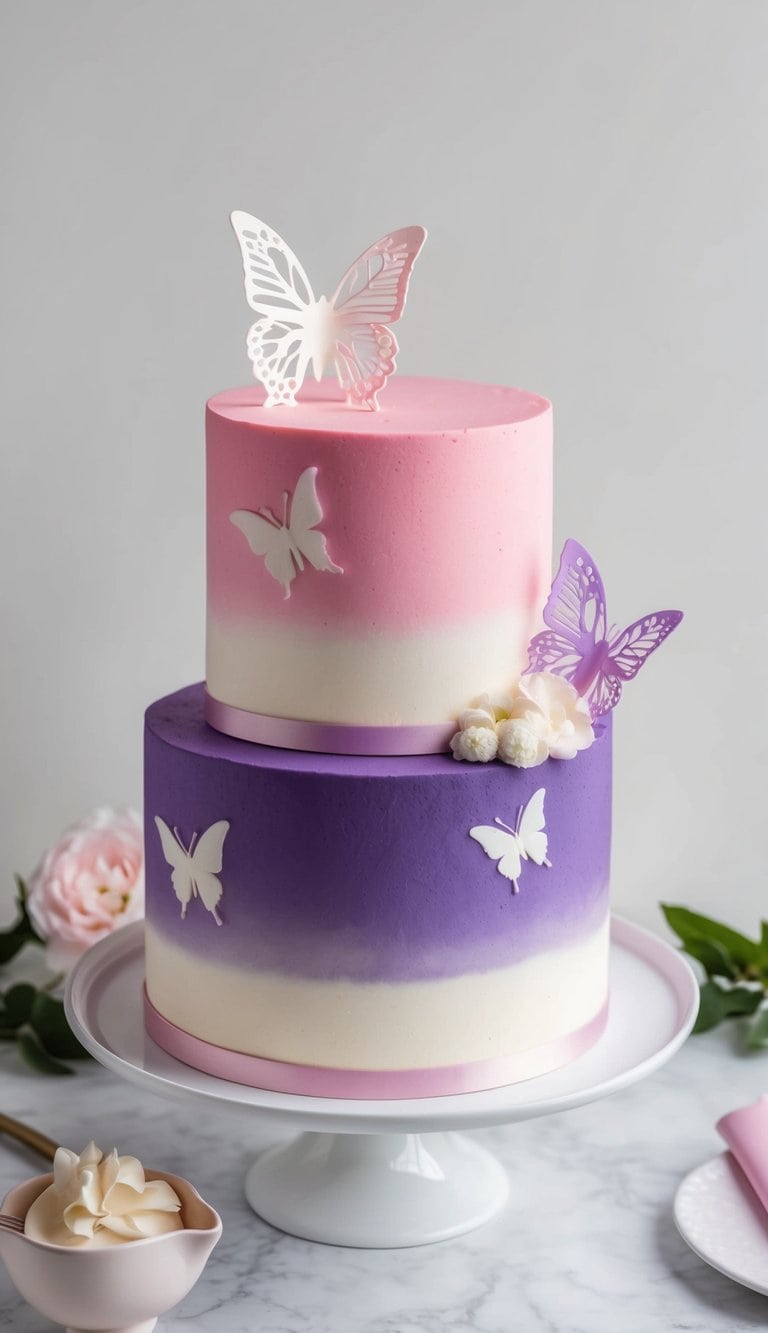 A pink and purple cake adorned with butterfly stencil patterns