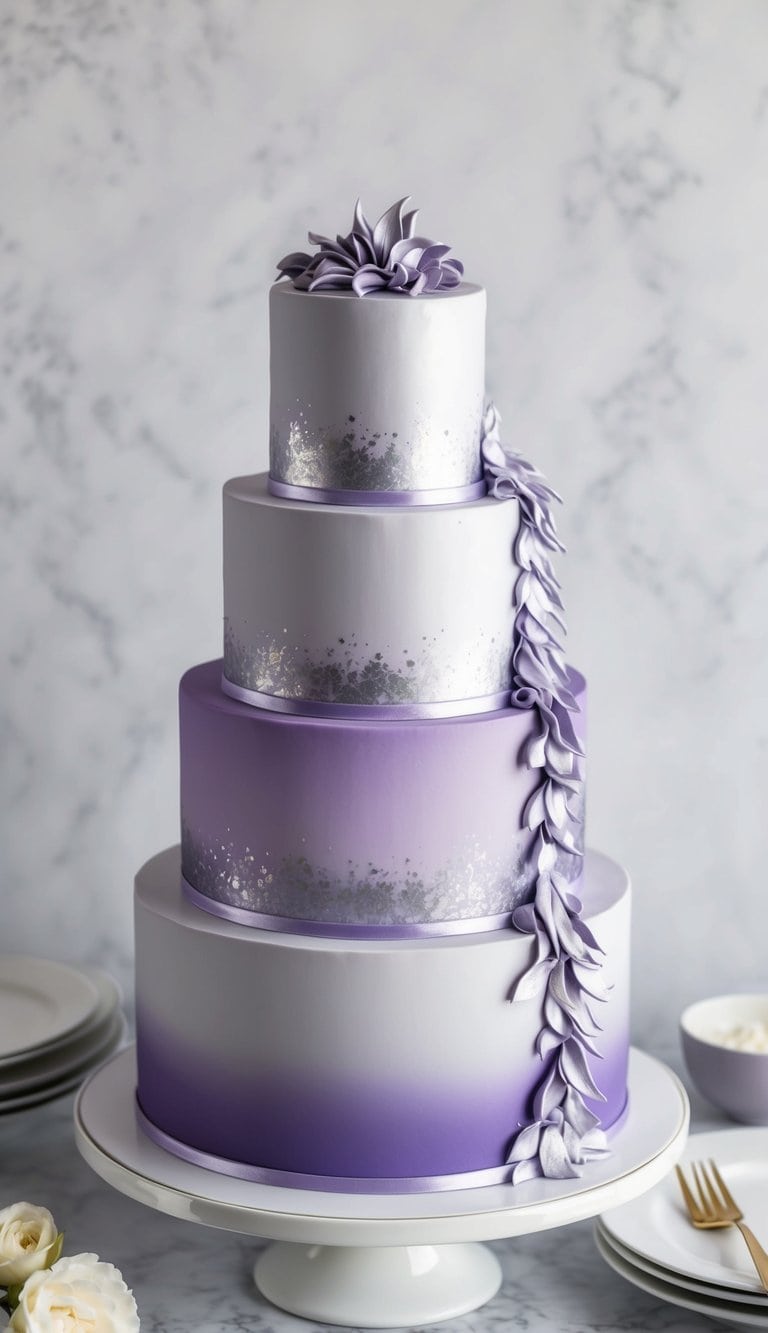 A tiered cake adorned with lavender and silver gradients, exuding elegance and beauty