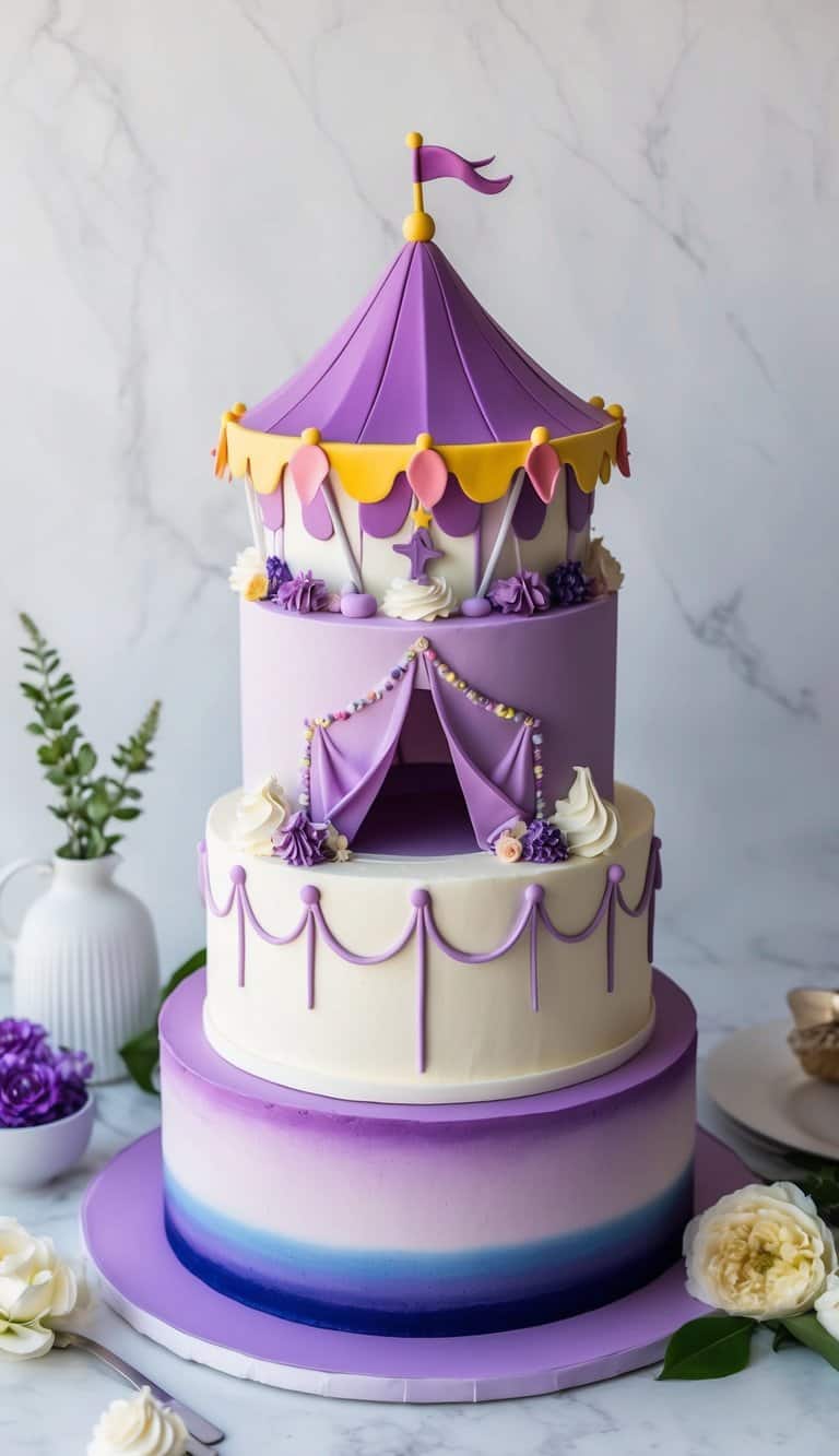A vibrant lilac circus tent sits atop a fun cake, surrounded by whimsical decorations and elegant purple gradients